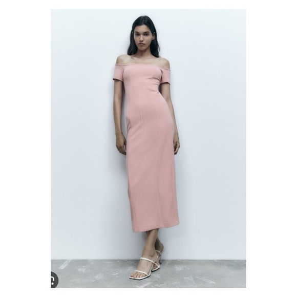 ZARA Light Pink Off the Shoulder Midi Dress Medium Blogger Favorite Valentines - Picture 15 of 16